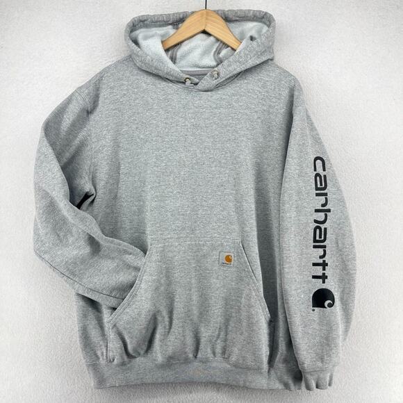 CARHARTT Hoodie Mens L Loose Fit Midweight Logo Sleeve Graphic Work Fleece Gray - Picture 1 of 16